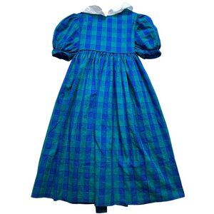 Monday's Child Girl's Puff Sleeve Dress Size 6 Blue Green Plaid Back Button Tie